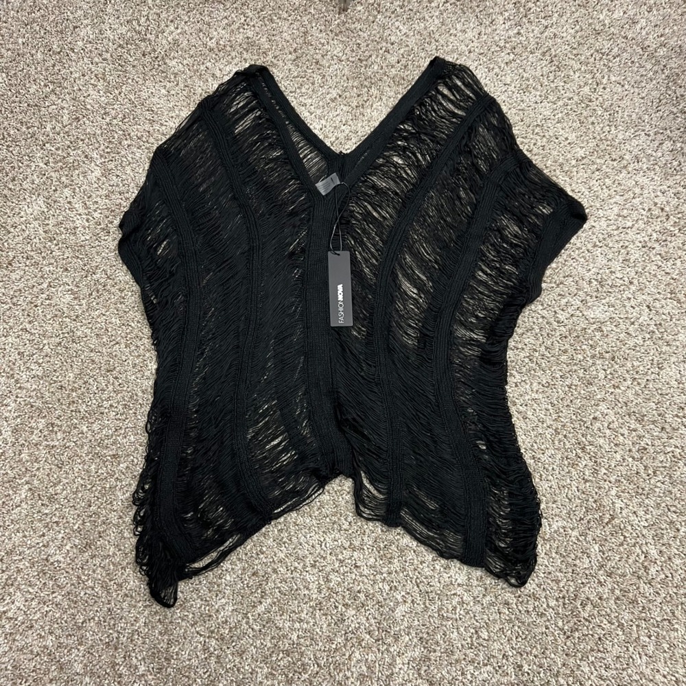 Fashion Nova Elizabeth Crochet Sweater Black Open Knit Distressed V-Neck Medium